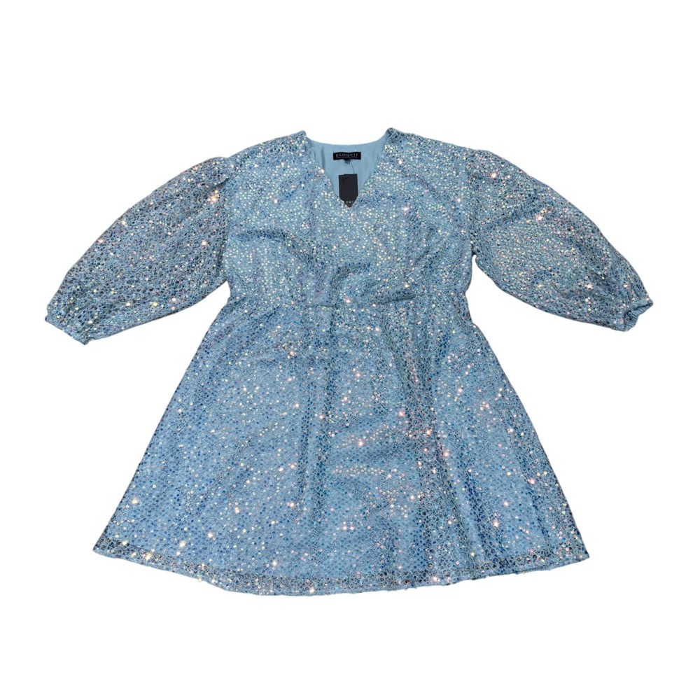 Eloquii Light Blue Sequin V-Neck Balloon Sleeve Dress Plus 22 NWT Wedding Party